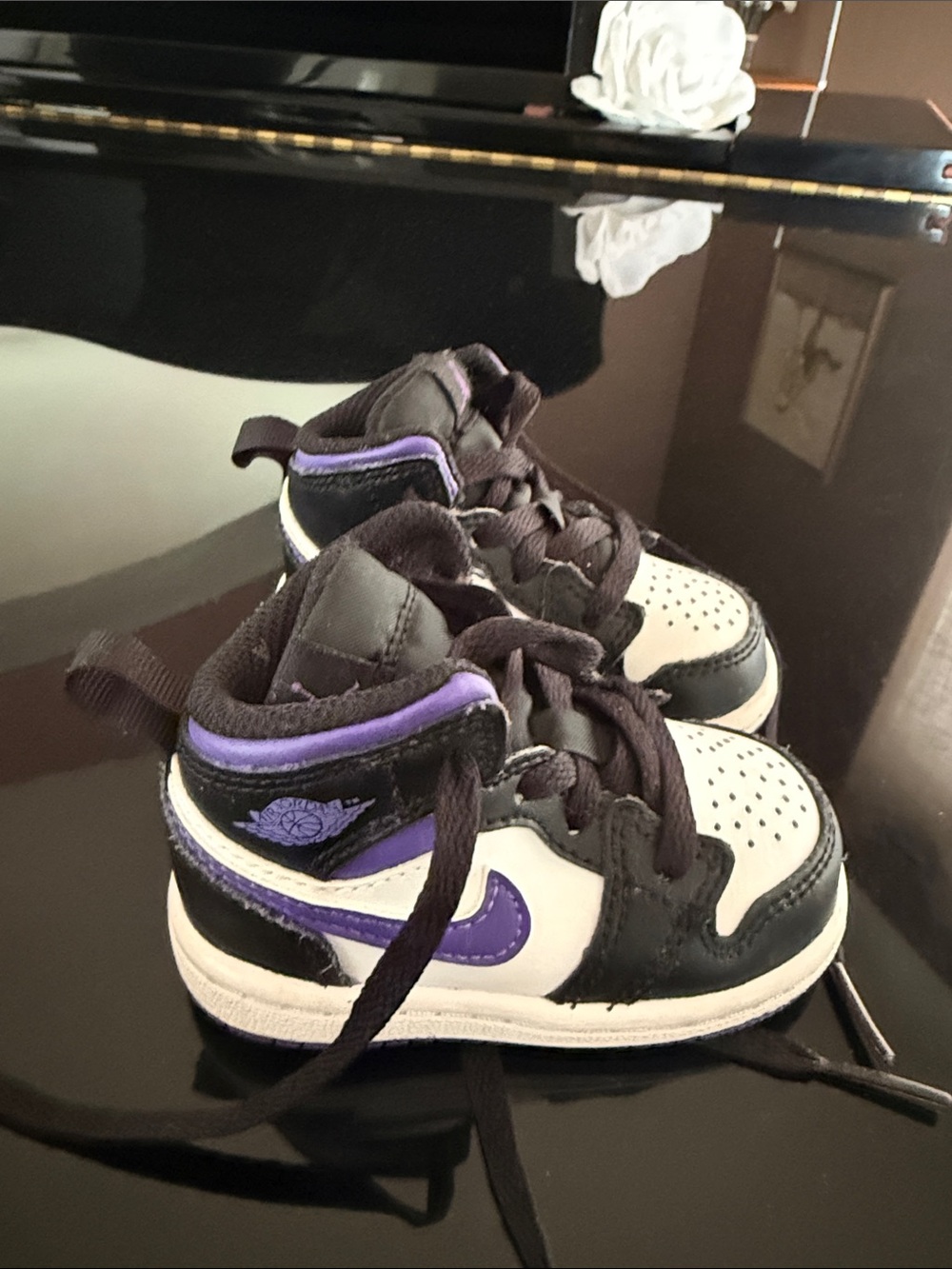 Nike Kids High-Top Sneakers in White, Black & Purple